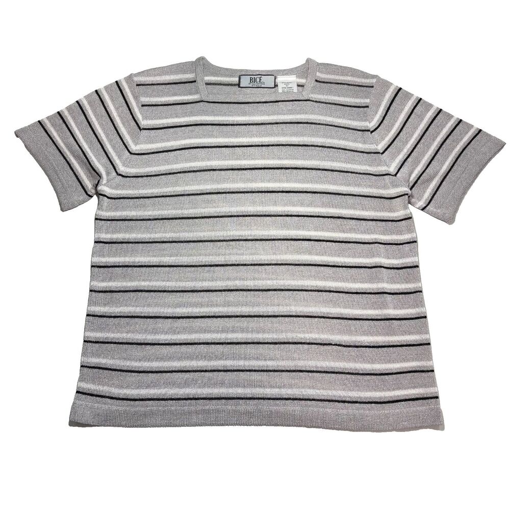 Sag Harbor Blouse Top Knit Square Neck Grey Striped Old Money Chic 1X/ XL